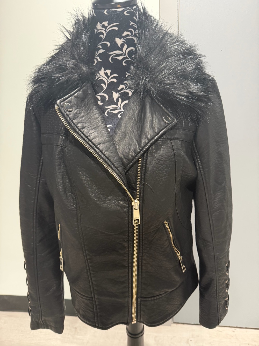 GUESS Black removable faux leather and fur  trim moto jacket
